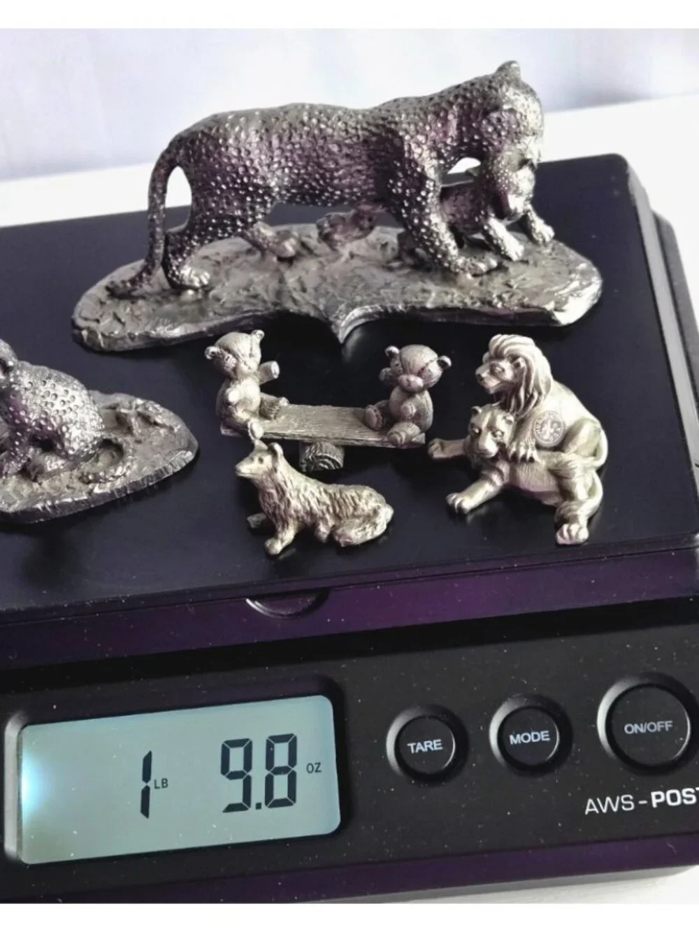 Lot of 5 Mini Pewter Animal Figurines Lion Lioness Monkey Wolf Cheetah Cub